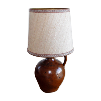 Vintage lamp 60s/70s foot glazed stoneware lampshade woven linen