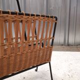 Vintage rattan and metal magazine rack, Raoul Guys