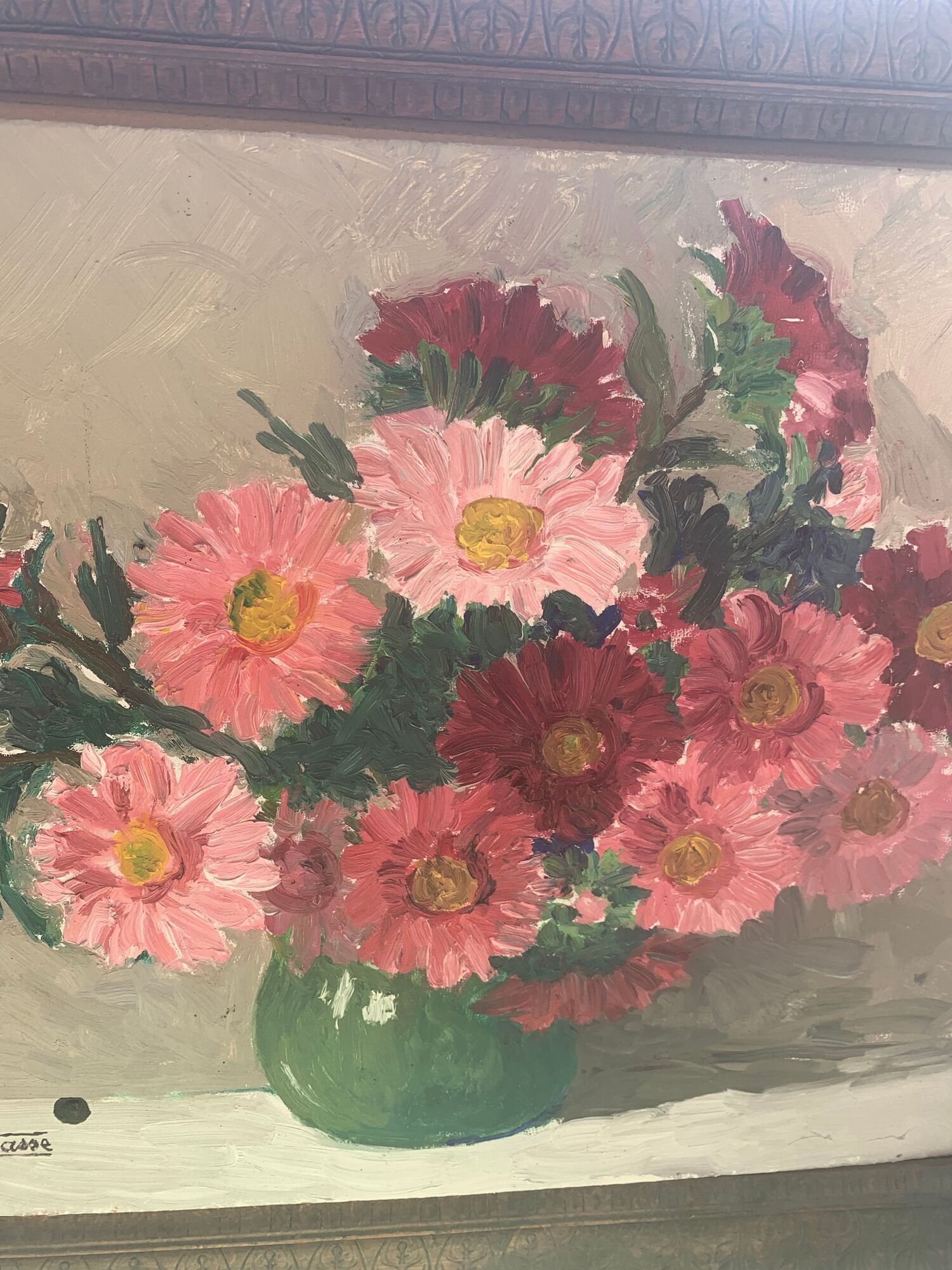 Painting the bouquet of Daisies signed Renée VAsse, old frame