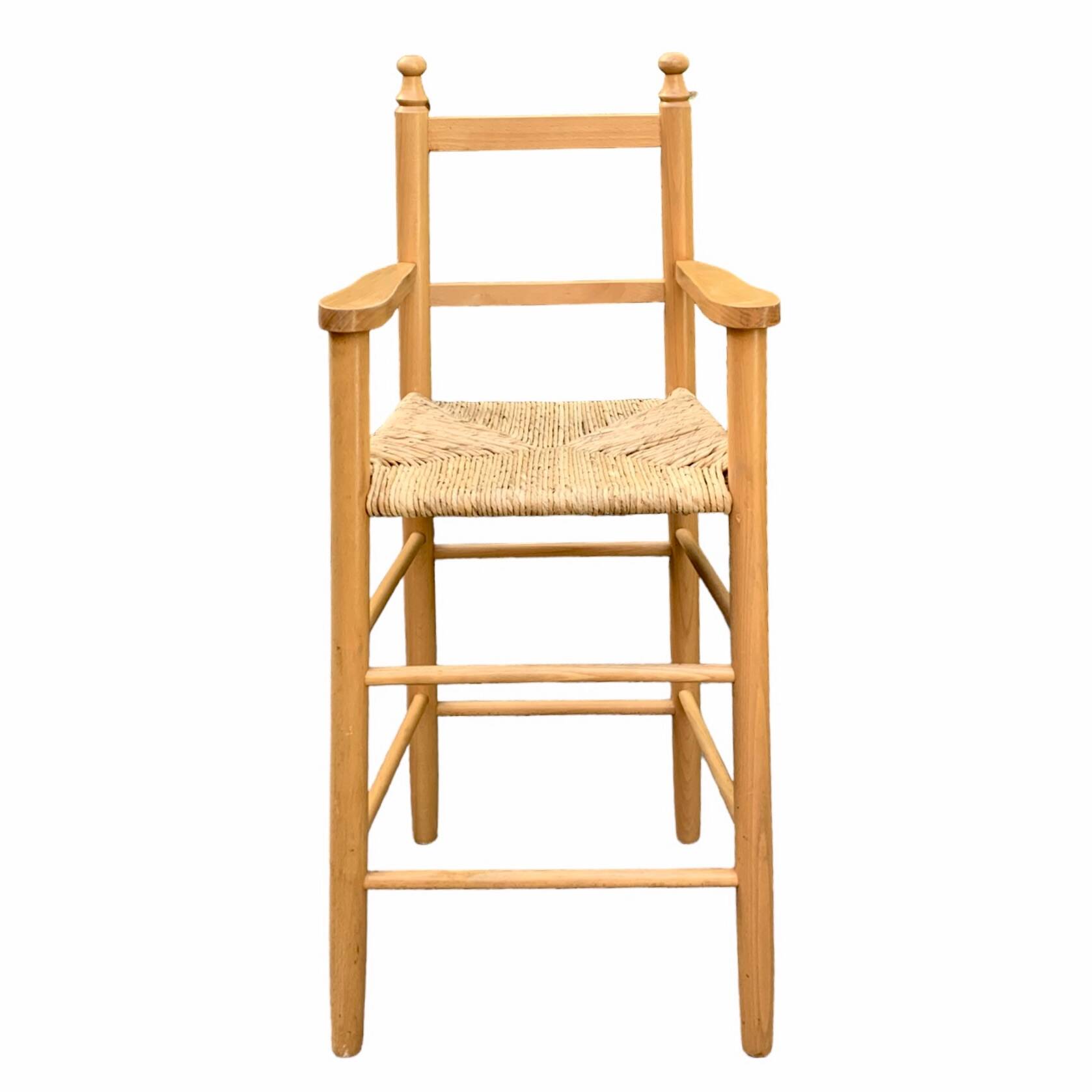 Old wooden and straw high chair for children