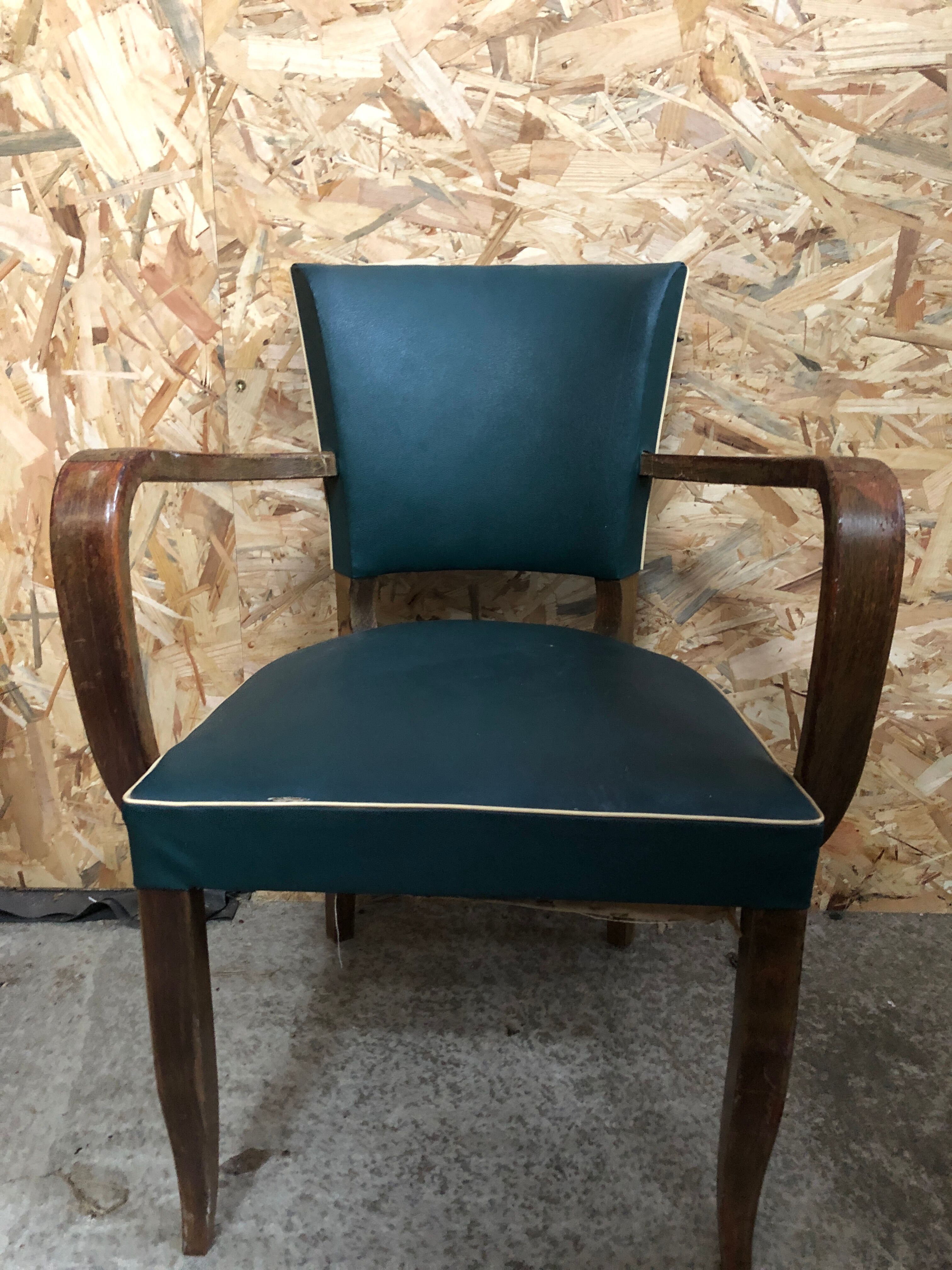 Old wooden bridge armchair + seat & back skaï vintage green