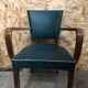 Old wooden bridge armchair + seat & back skaï vintage green