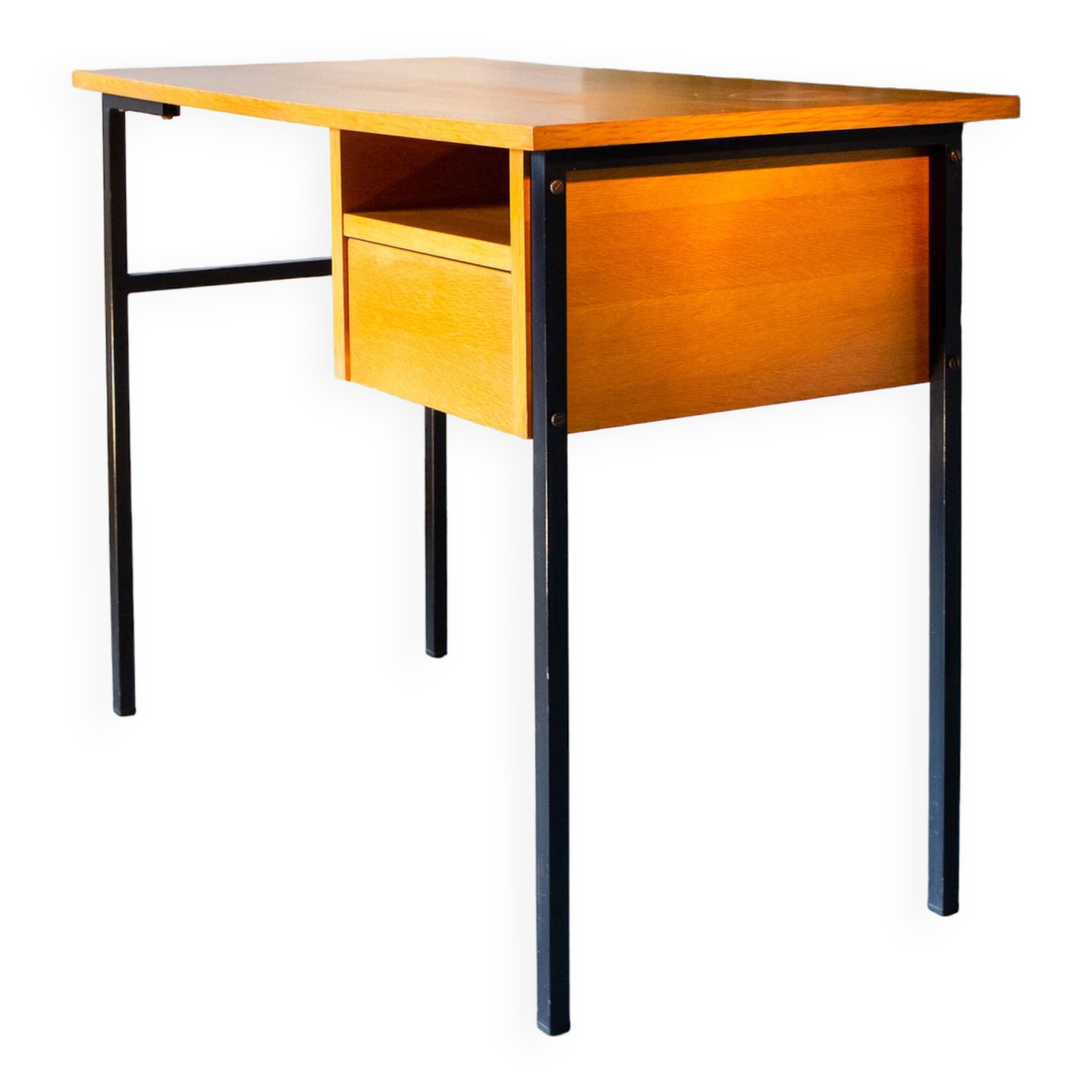 Bureau moderniste année 70, chêne et métal