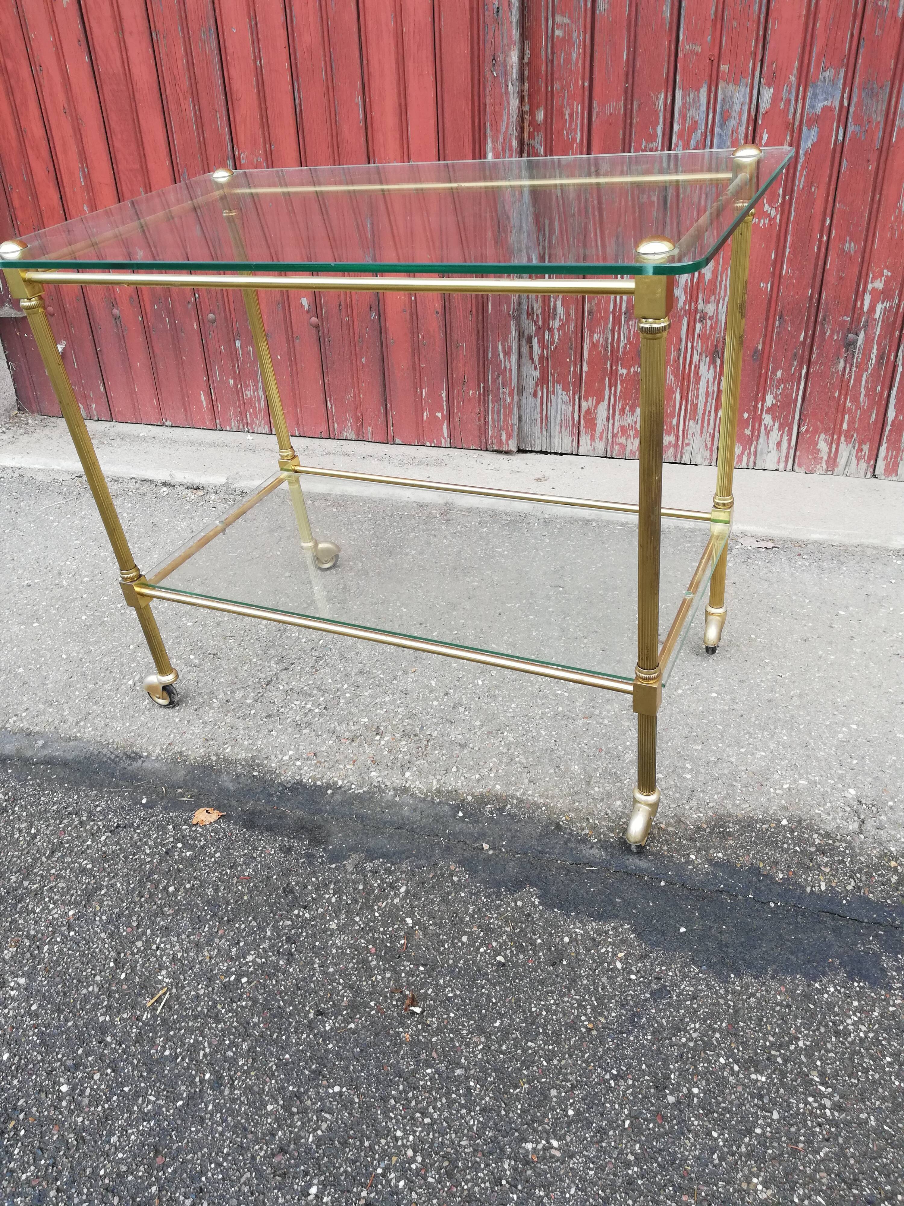 Desserte vintage laiton et 2 plateaux verre