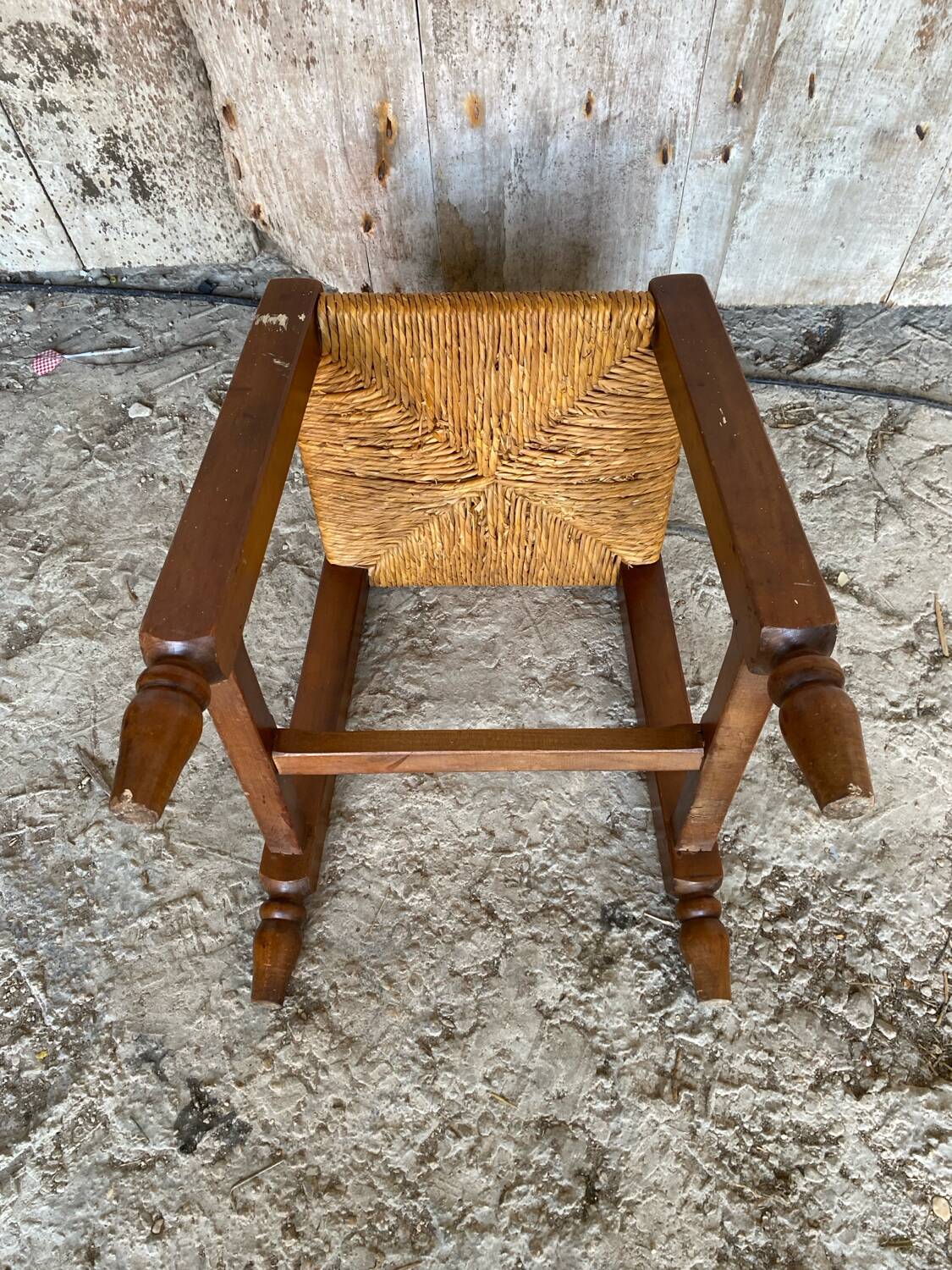 Old Trapezoid Stool Wood + Woven Straw Seat #D823