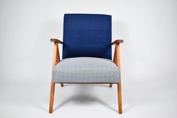 Fauteuil compas original, pied de poule, velours bleu, années 1960, restauré