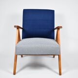 Original armchair compas, pied de poule, blue velvet, 1960s, restored