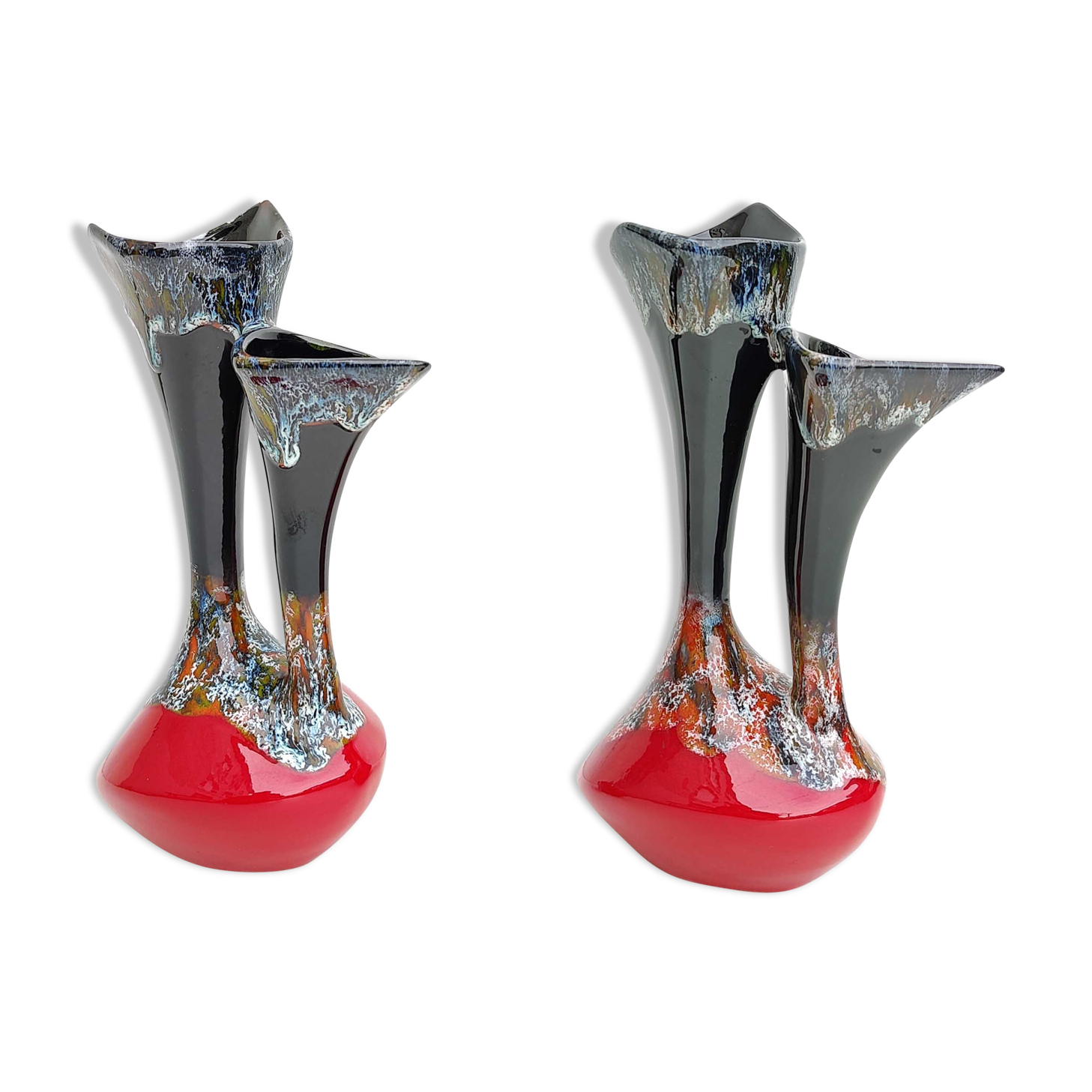 Pair of vintage ceramic vases with double red and black collar