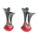 Pair of vintage ceramic vases with double red and black collar
