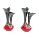 Pair of vintage ceramic vases with double red and black collar