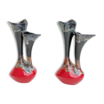Pair of vintage ceramic vases with double red and black collar