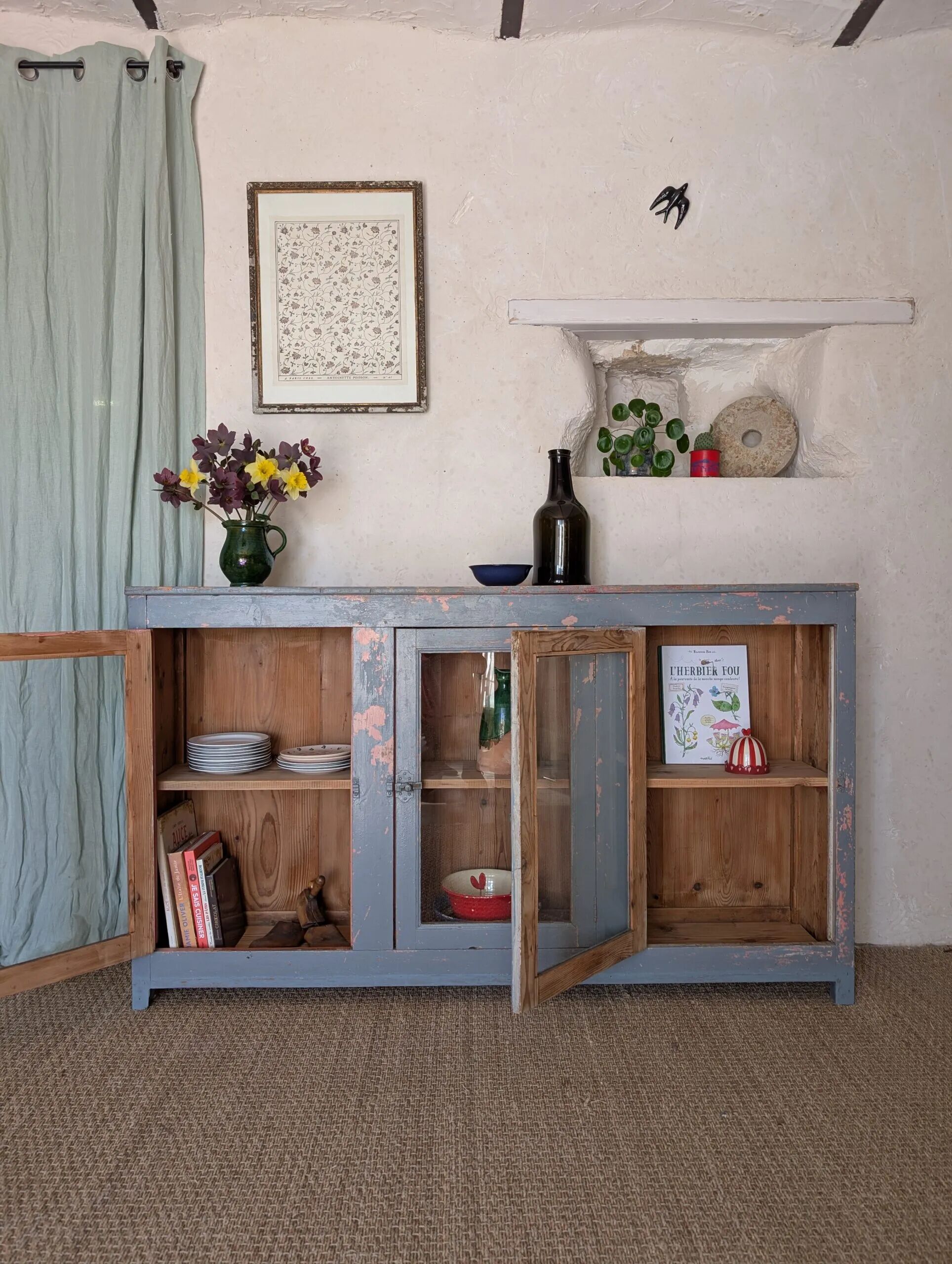 Glazed enfilade antique workbench – blue patina