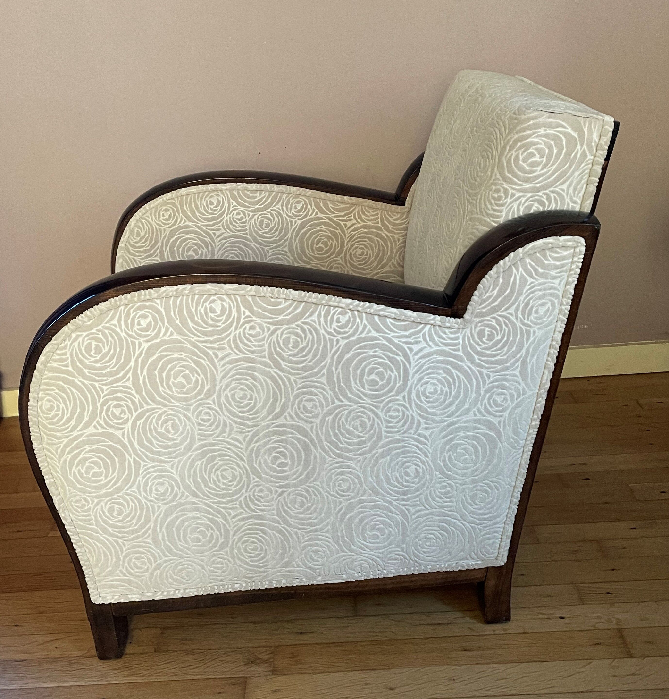 Art-deco convertible armchair in tinted beech and ivory-colored cotton velvet fabric