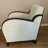 Art-deco convertible armchair in tinted beech and ivory-colored cotton velvet fabric