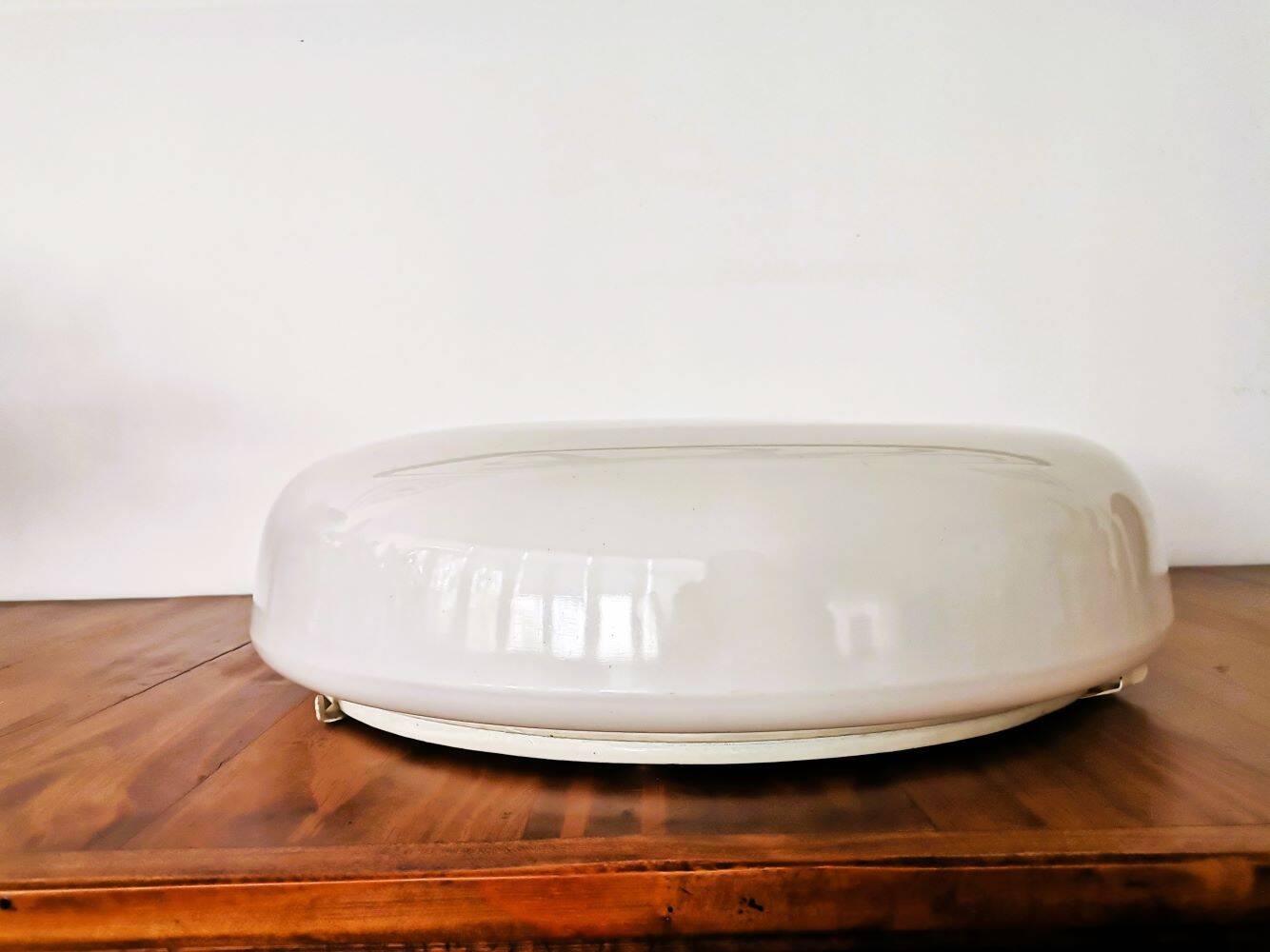 Large Italian glossy white acrylic minimalist pill flush mount ceiling fixture lamp. 1960s