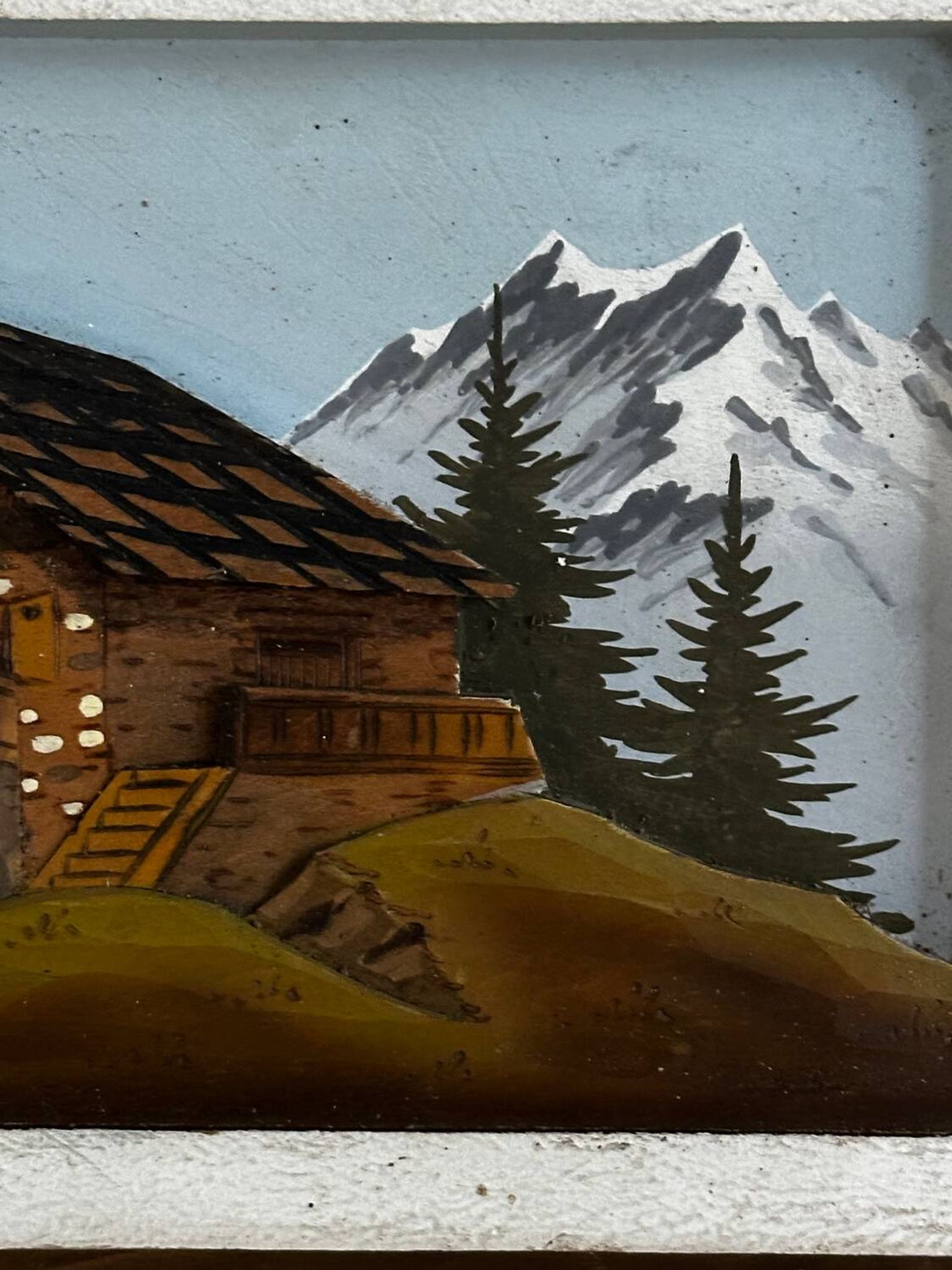 Tableau alpin vintage en bois sculpté et peint - signé