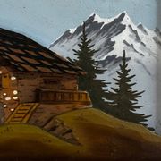 Tableau alpin vintage en bois sculpté et peint - signé