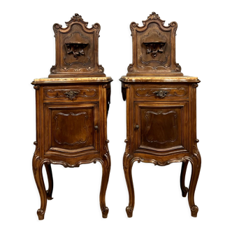 Pair of curved bedside tables with Louis XV style walnut console around 1880