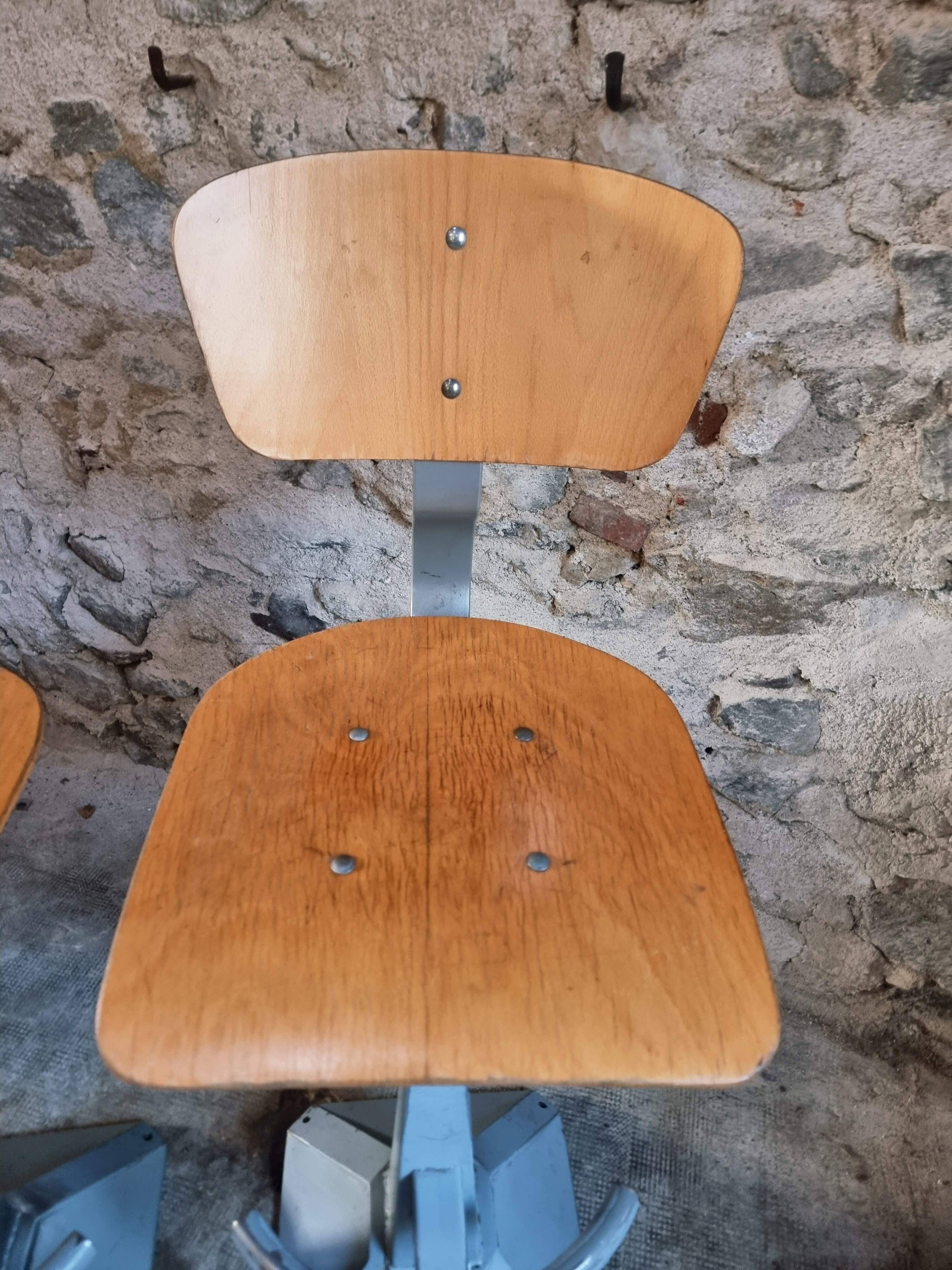 Set of 3 industrial swivel workshop chairs – fixed height bar stools – mid-century factory seats