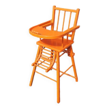 Ancienne Chaise Haute Pour Bébé en Bois Peint Orange