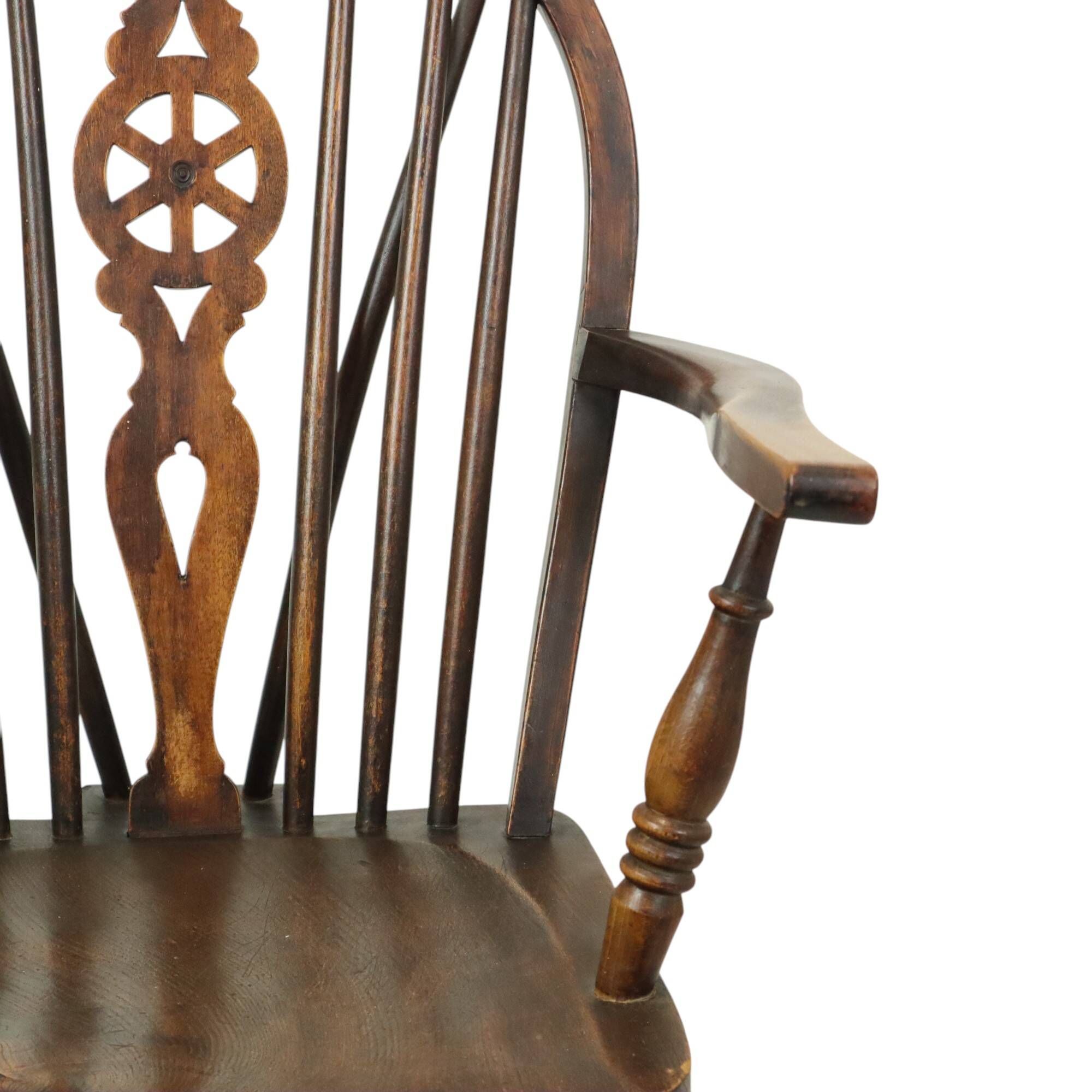 Chaise Windsor ancienne en bois de hêtre et d'orme avec dossier à roulettes, XIXe siècle