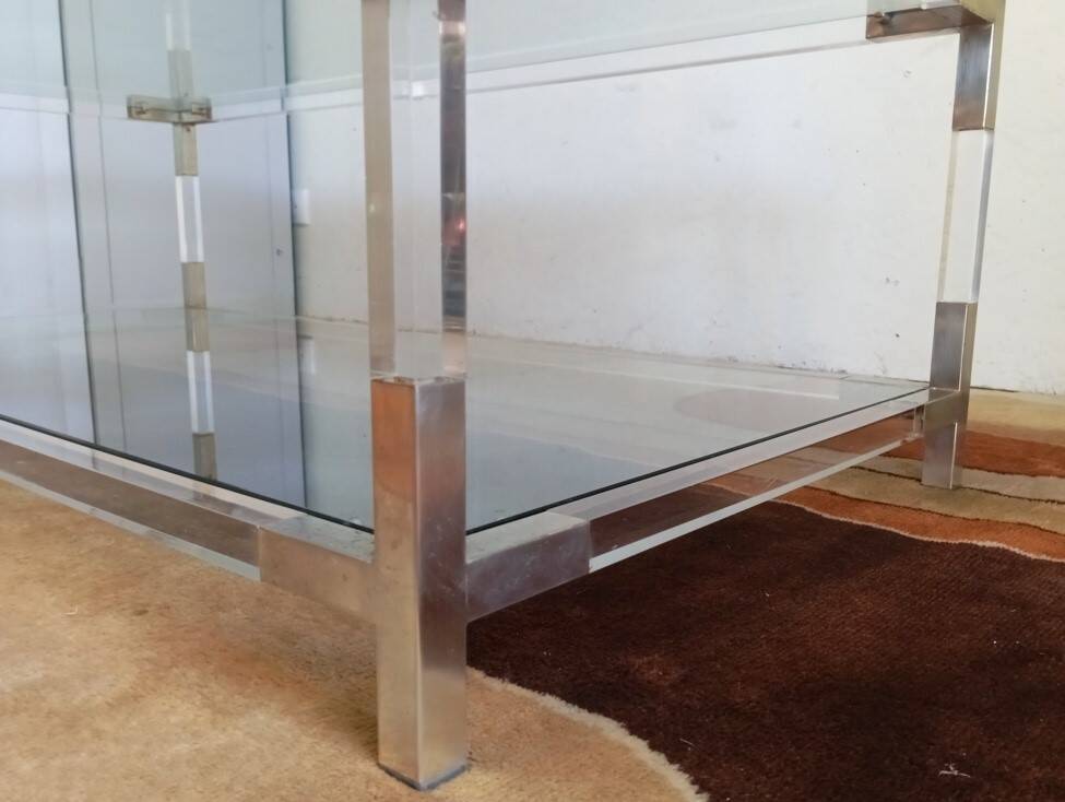 80s Lucite, Glass and Metal Coffee Table