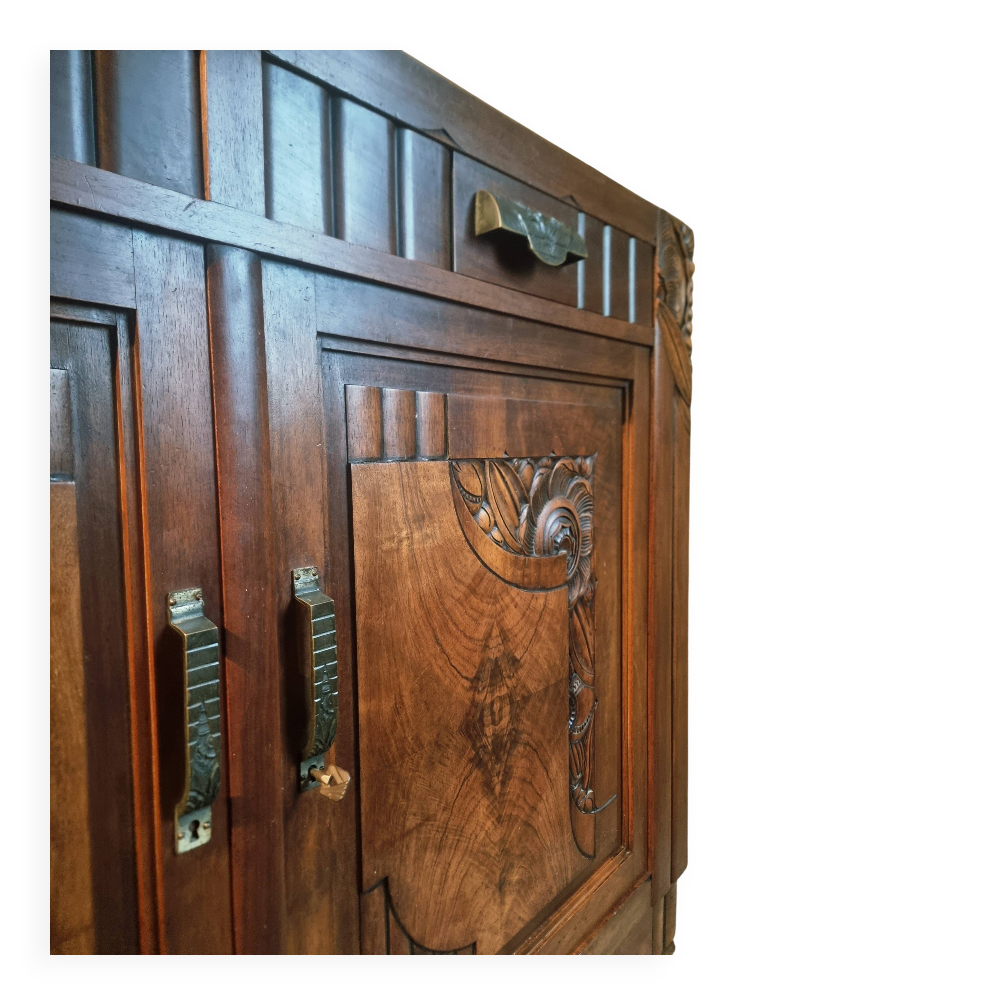 French Art Deco walnut sideboard with marble top (1930s)