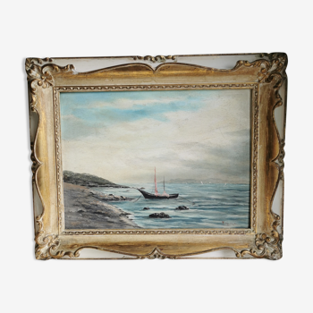 Tableau vue de mer ou lac , avec bateaux , huile sur panneau bois  . Epoque milieu XXème siècle