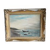 Painting sea view or lake, with boats, oil on wood panel. Mid-twentieth century