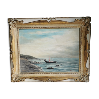 Painting sea view or lake, with boats, oil on wood panel. Mid-twentieth century