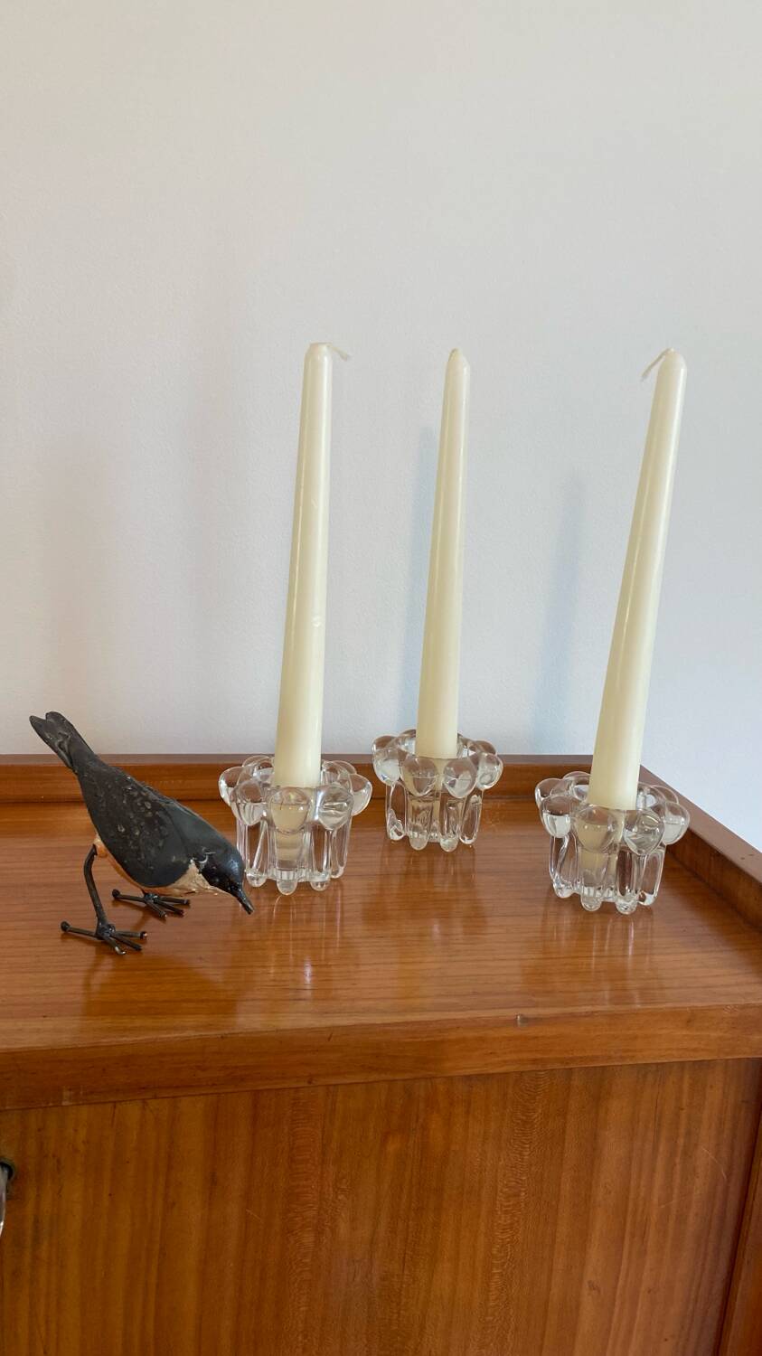 Trio of flower candle holders in molded glass from Reims