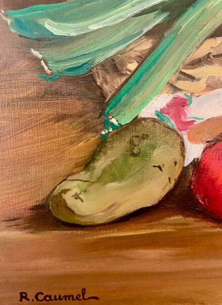 Oil on canvas, Still life "La garbure" signed and countersigned R.CAUMEL 1982