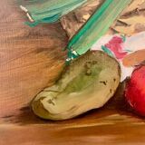 Oil on canvas, Still life "La garbure" signed and countersigned R.CAUMEL 1982