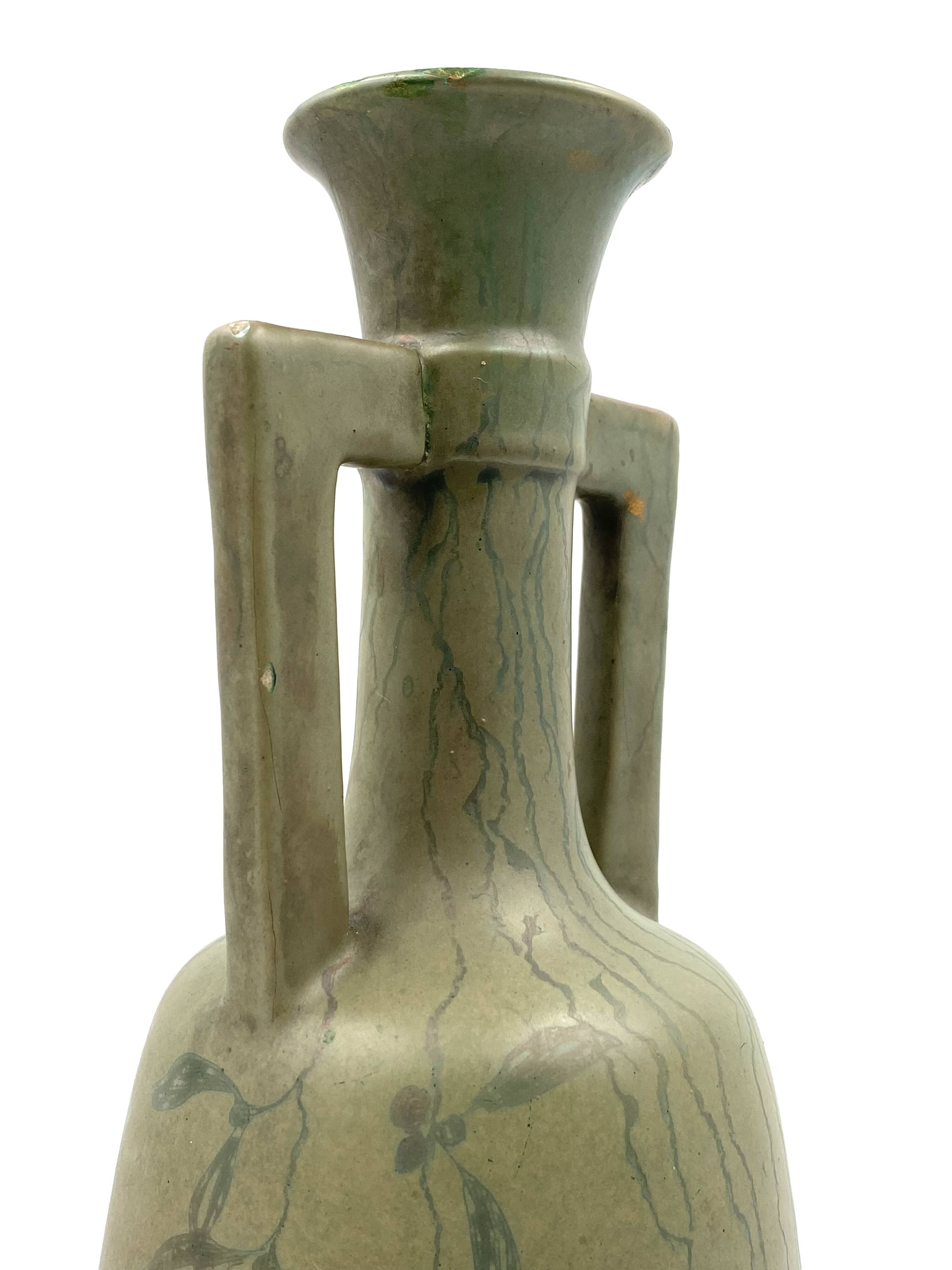 Art Deco green iridescent vase, Montieres France 1930s