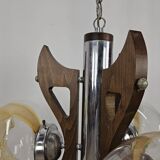 Lustre vintage en bois et métal avec trois plafonniers en verre coloré
