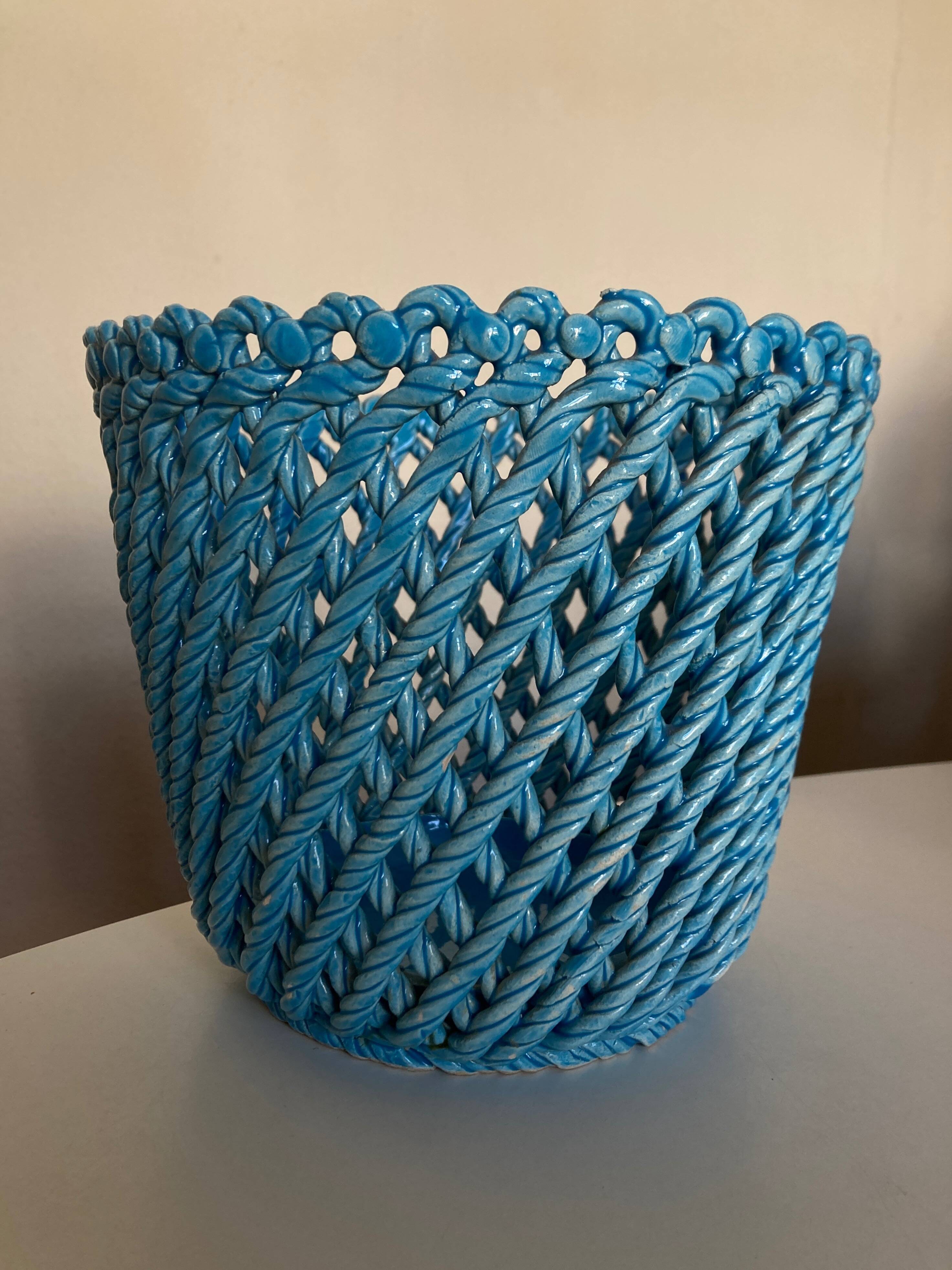 Turquoise woven ceramic cachepot, Italian work, 1960s