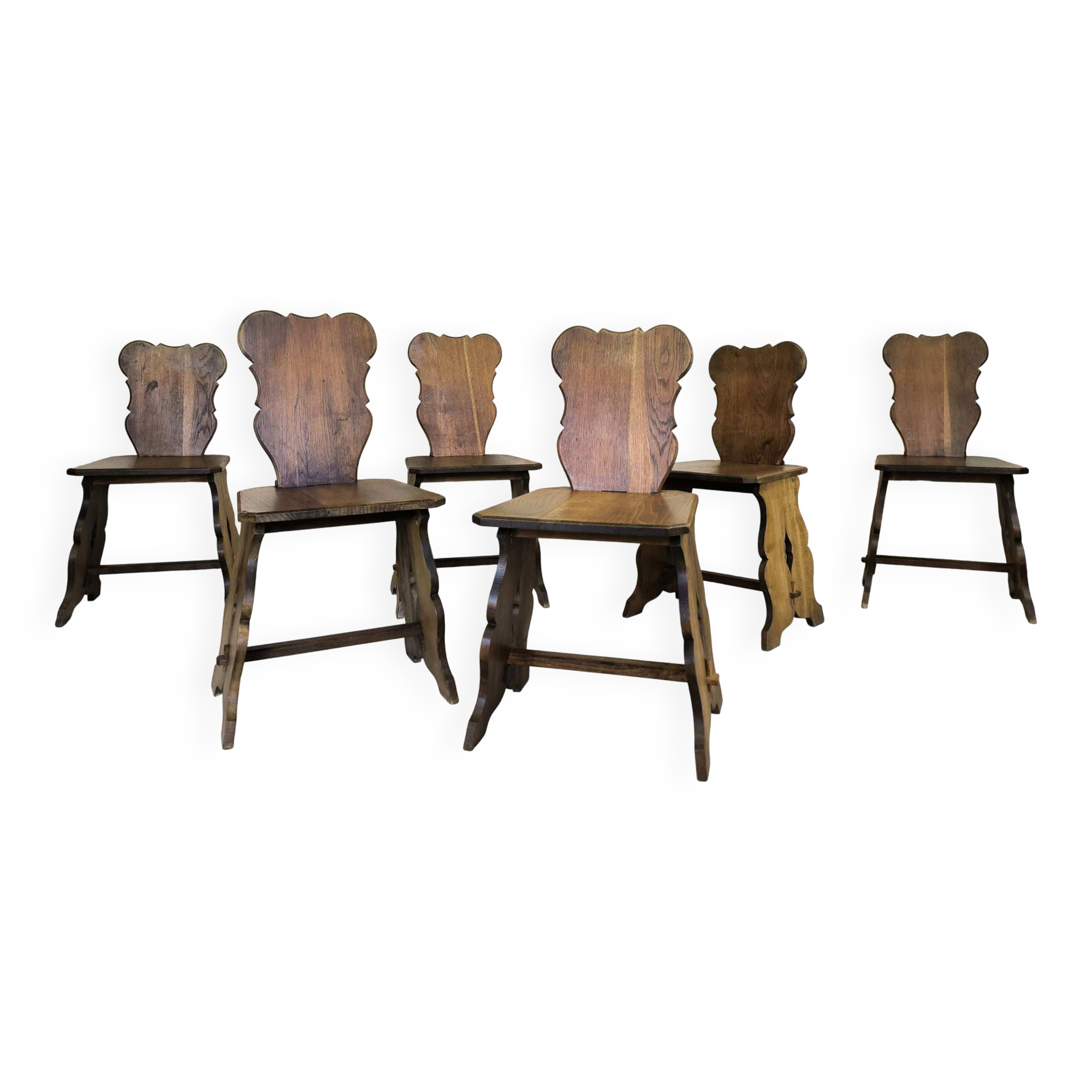 Set of six vintage brutalist wooden chairs.