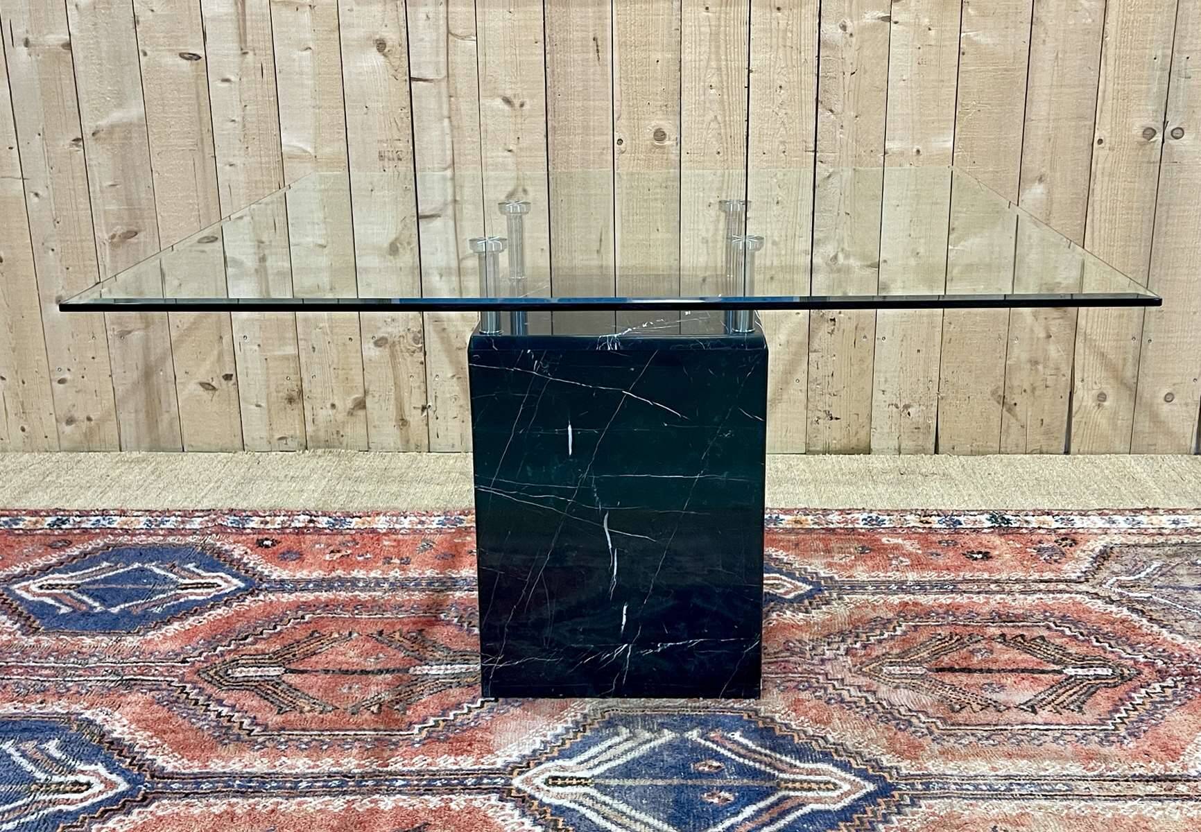 1970s square dining table, marble base and beveled glass top