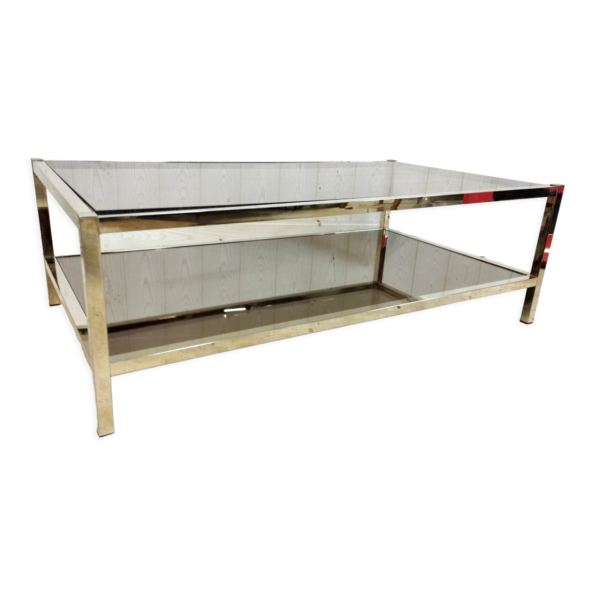 Vintage brass coffee table, mirror and smoked glass