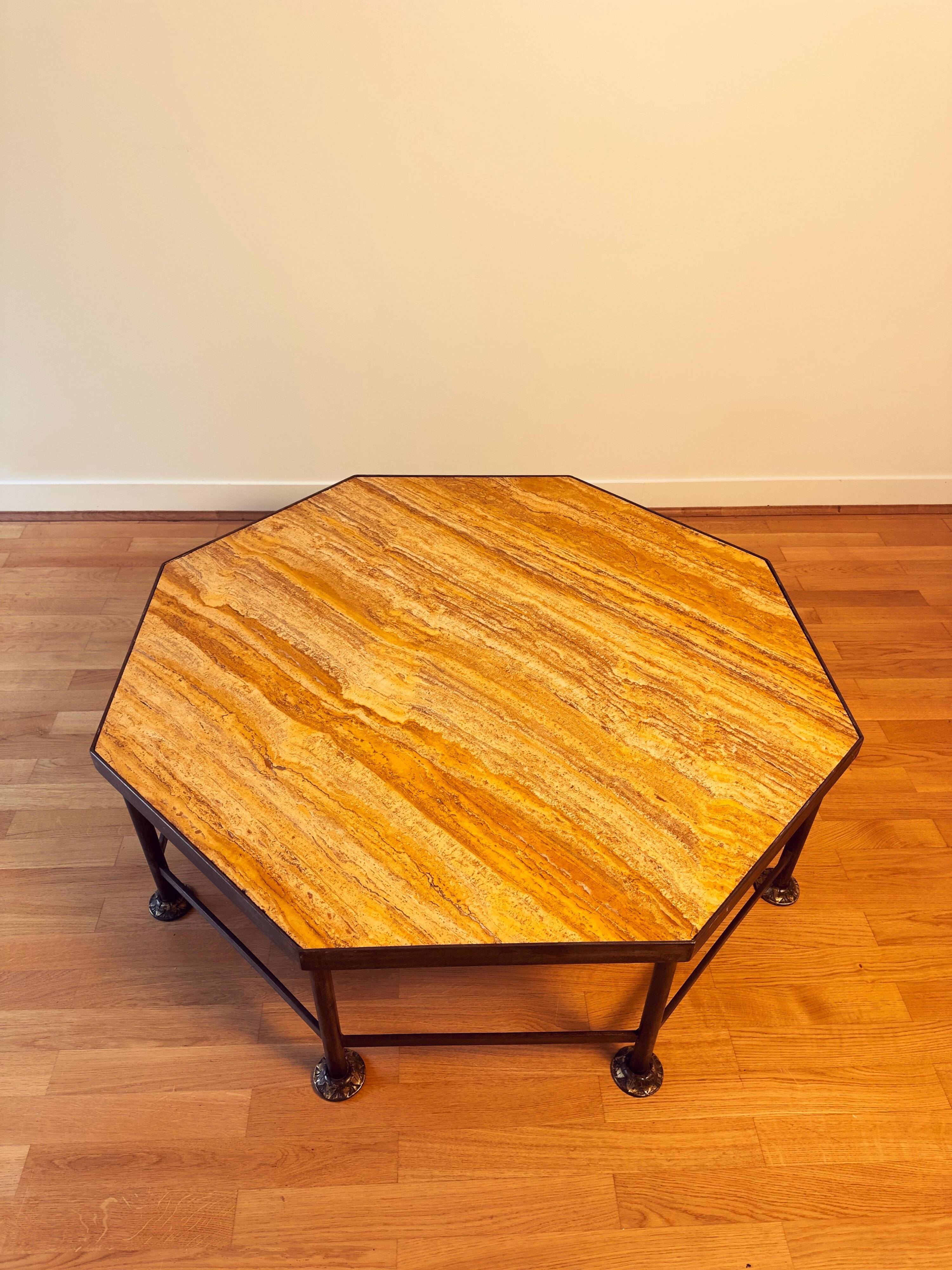French Octagonal Travertine Coffee Table in the Style of Maison Jansen, 1960s