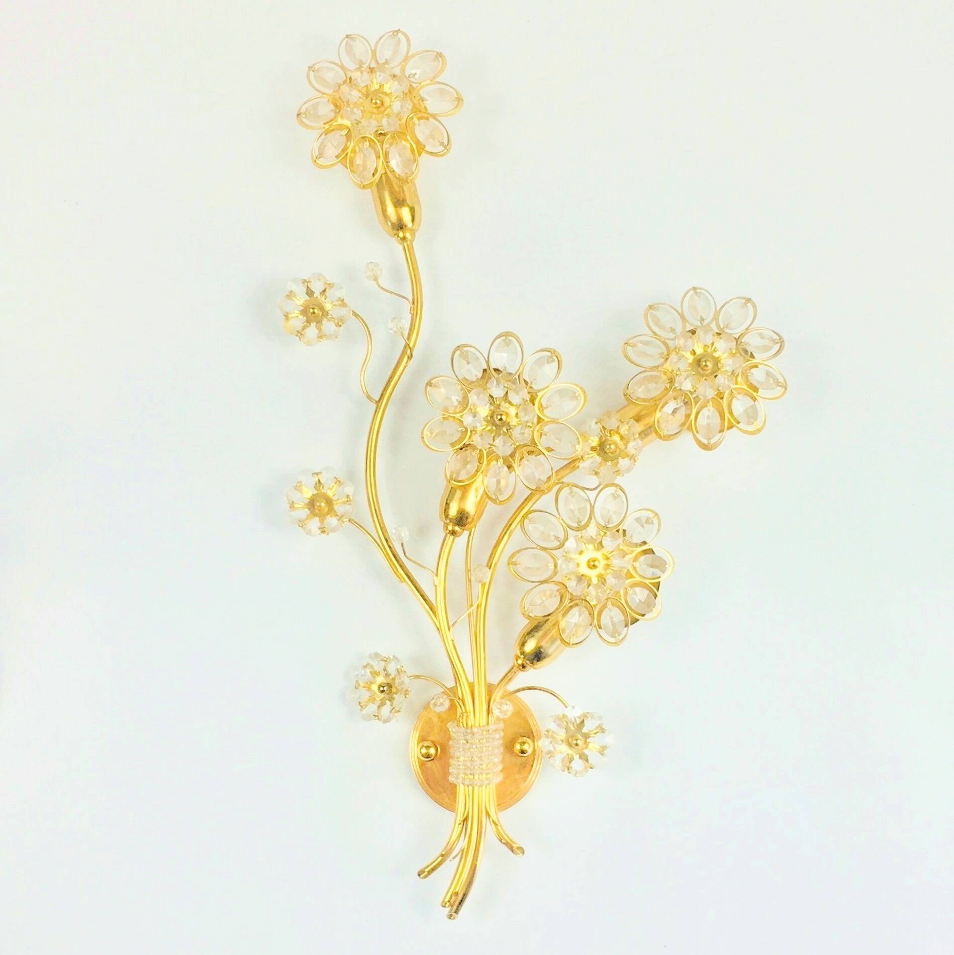 Large Gilt Brass & Crystal Flower Shape Wall Light from Palwa, 1970s