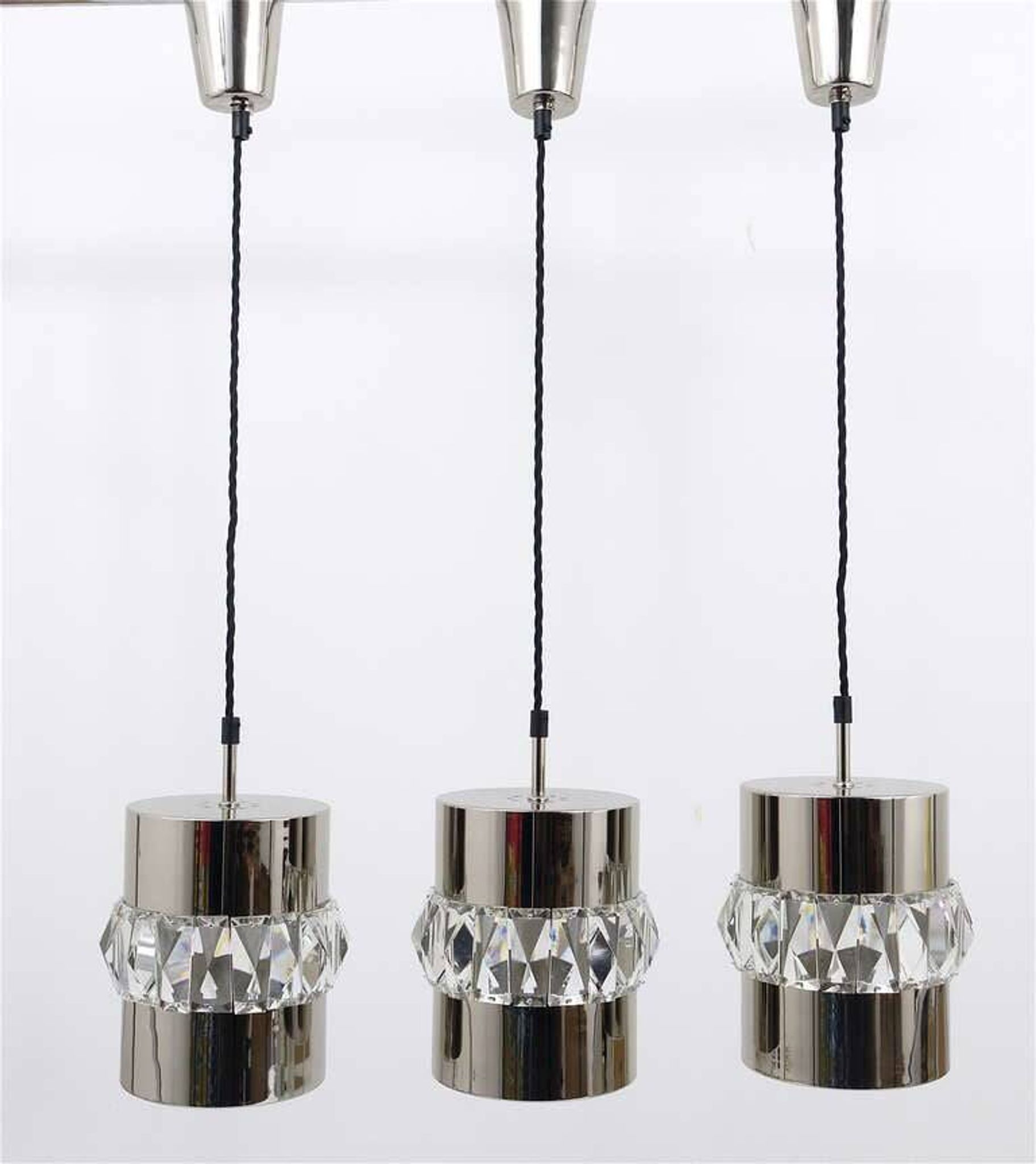 Three Bakalowits pendant lamps in nickel, brass, and faceted crystal, Austria, 1950s.