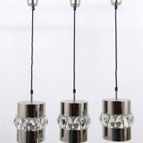 Three Bakalowits pendant lamps in nickel, brass, and faceted crystal, Austria, 1950s.