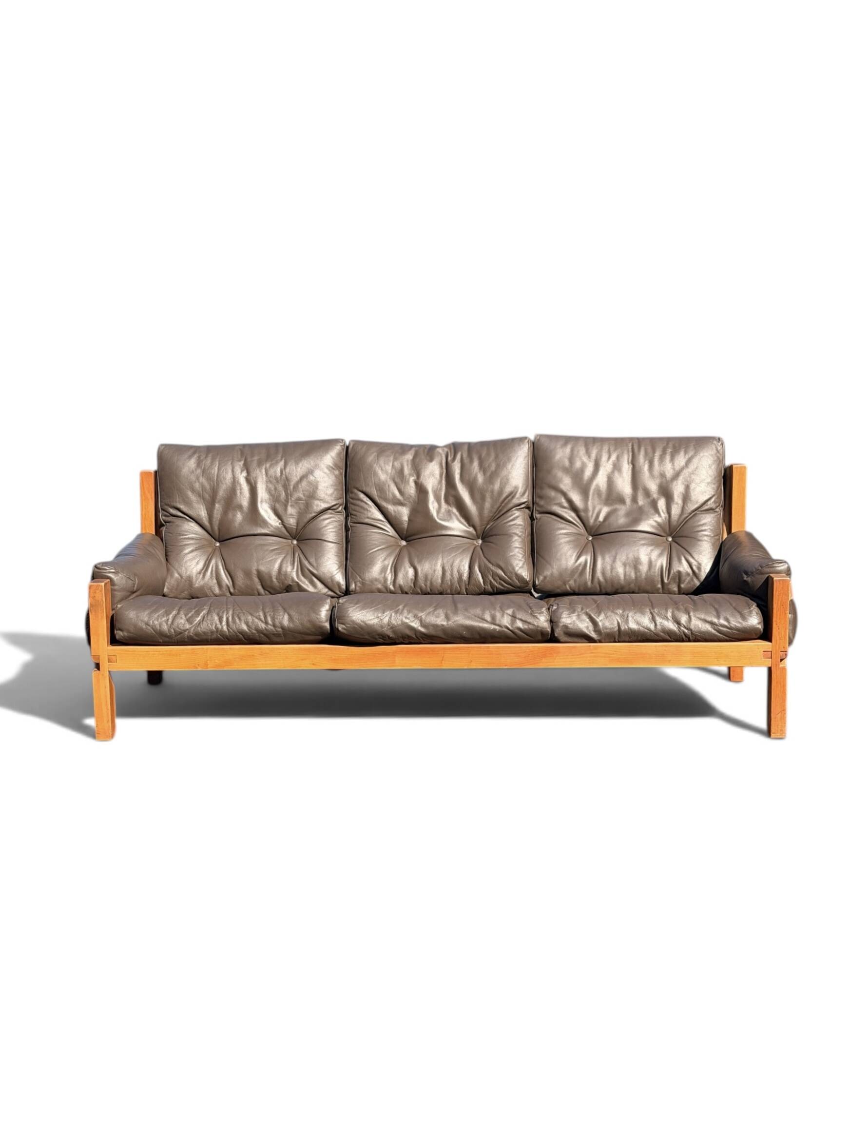 Ensemble Salon Pierre Chapo - Canapé S32 & Fauteuil S15 - Orme & Cuir Brun