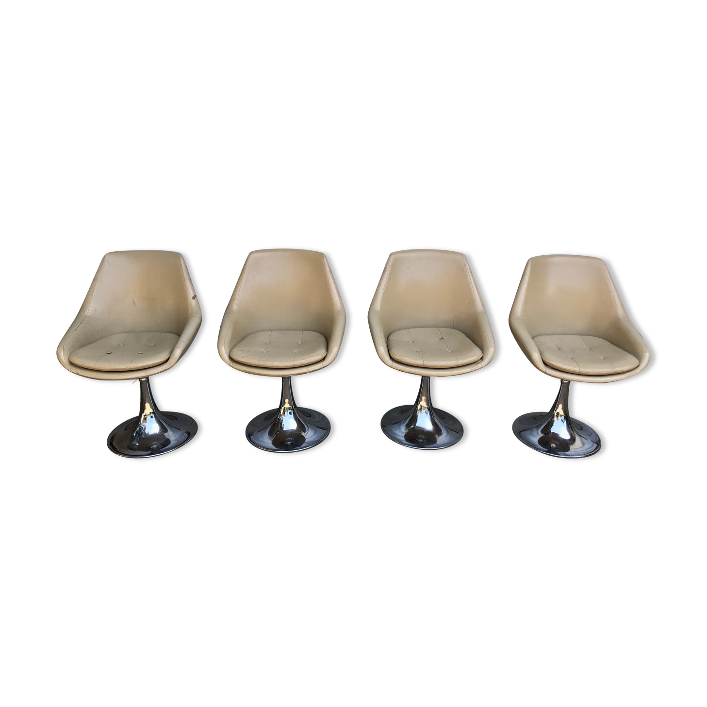 Set of 4 chairs tulip armchairs in beige skaï 1970