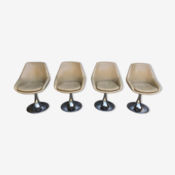 Set de 4 chaises fauteuils tulipes en skaï beige 1970