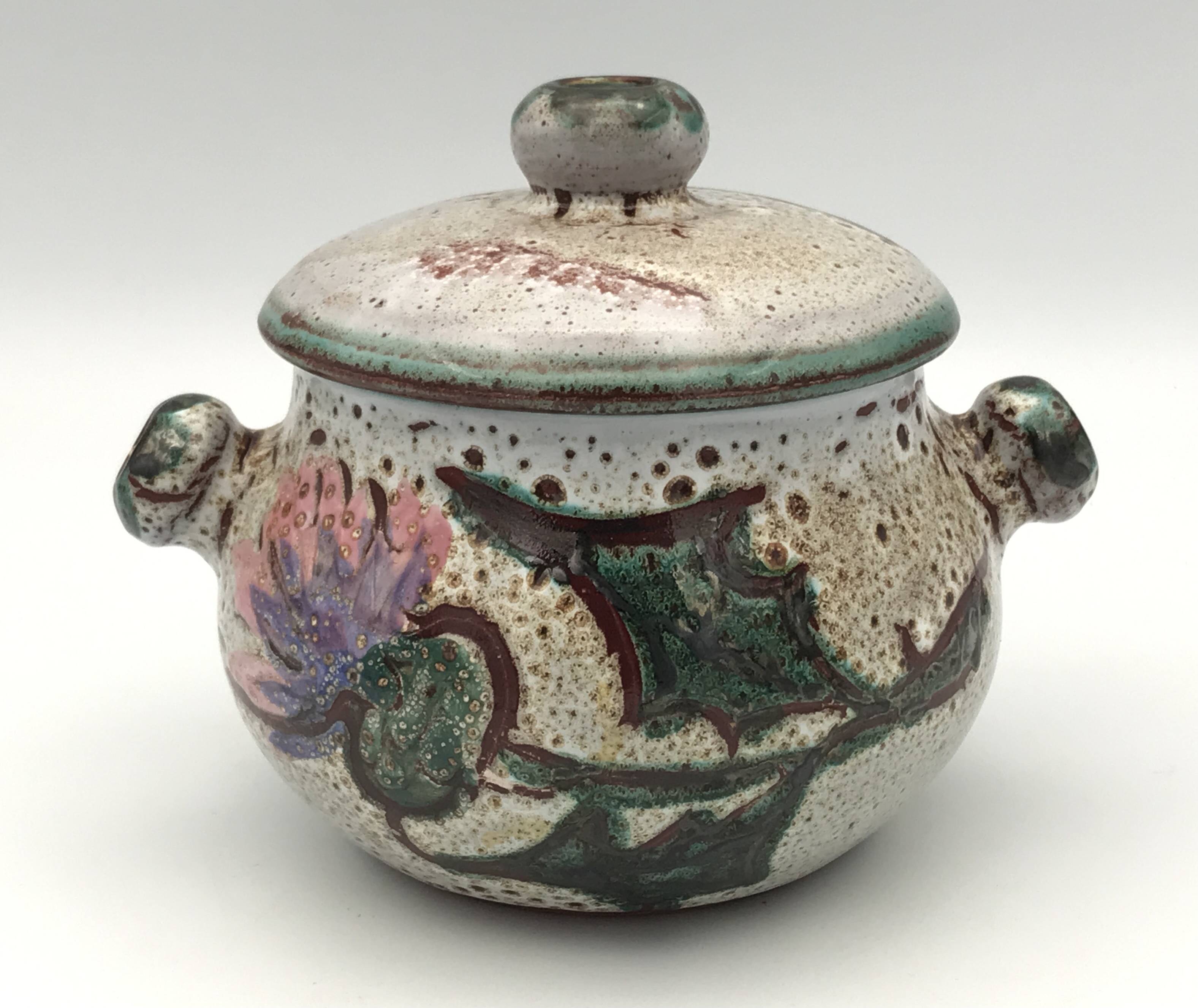 Vintage candy jar in enameled ceramic from Vallauris with thistle decoration