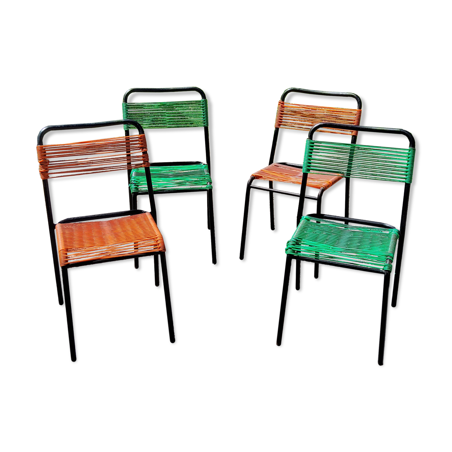 Set of 4 chairs scoubidou green and orange tubes metal black from the 60s