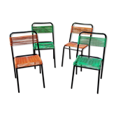 Set of 4 chairs scoubidou green and orange tubes metal black from the 60s