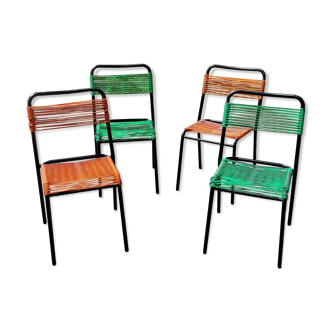 Set of 4 chairs scoubidou green and orange tubes metal black from the 60s